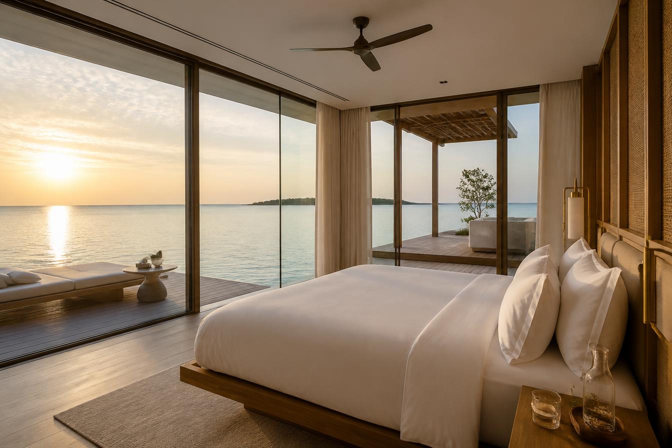 Master suite with glass walls to the water